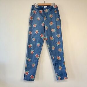 Stretch Cotton Chino Botanic Floral Print Blue Denim